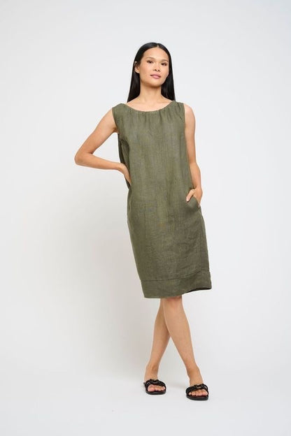 Pistache Sleeveless Linen Gathered Dress