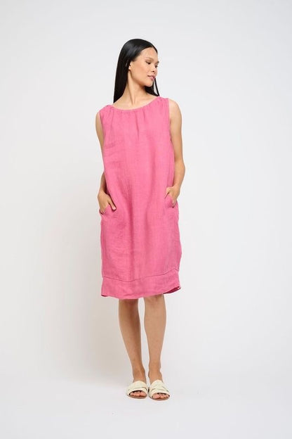 Pistache Sleeveless Linen Gathered Dress