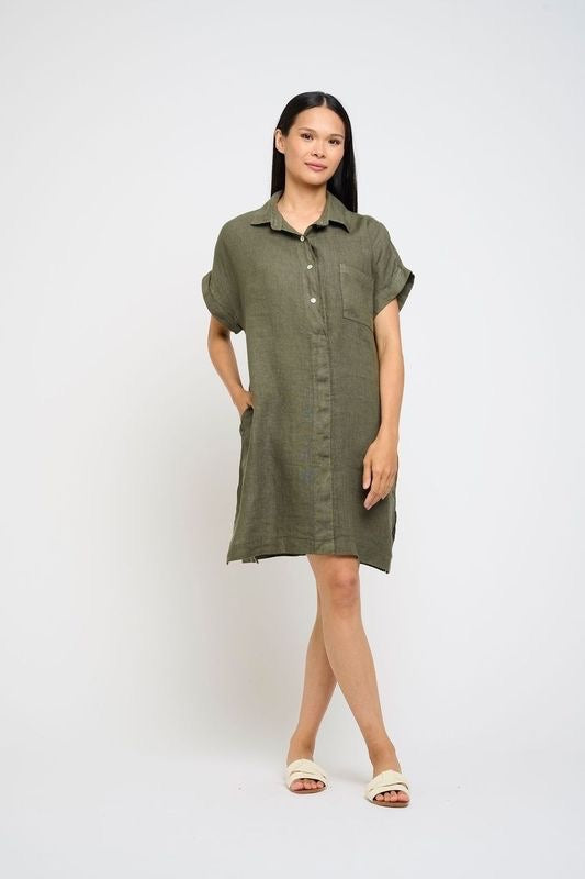 Pistache Linen Shirt Dress w/ Patch Pocket