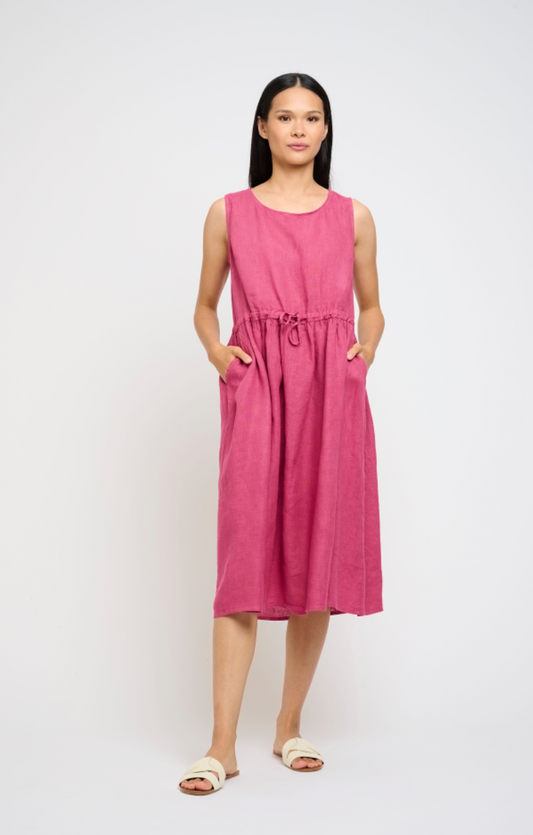 Pistache Drawstring Linen Market Dress